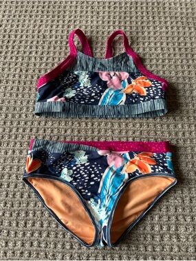 Navy Floral Two-Piece Swim Set with Pink Trim
